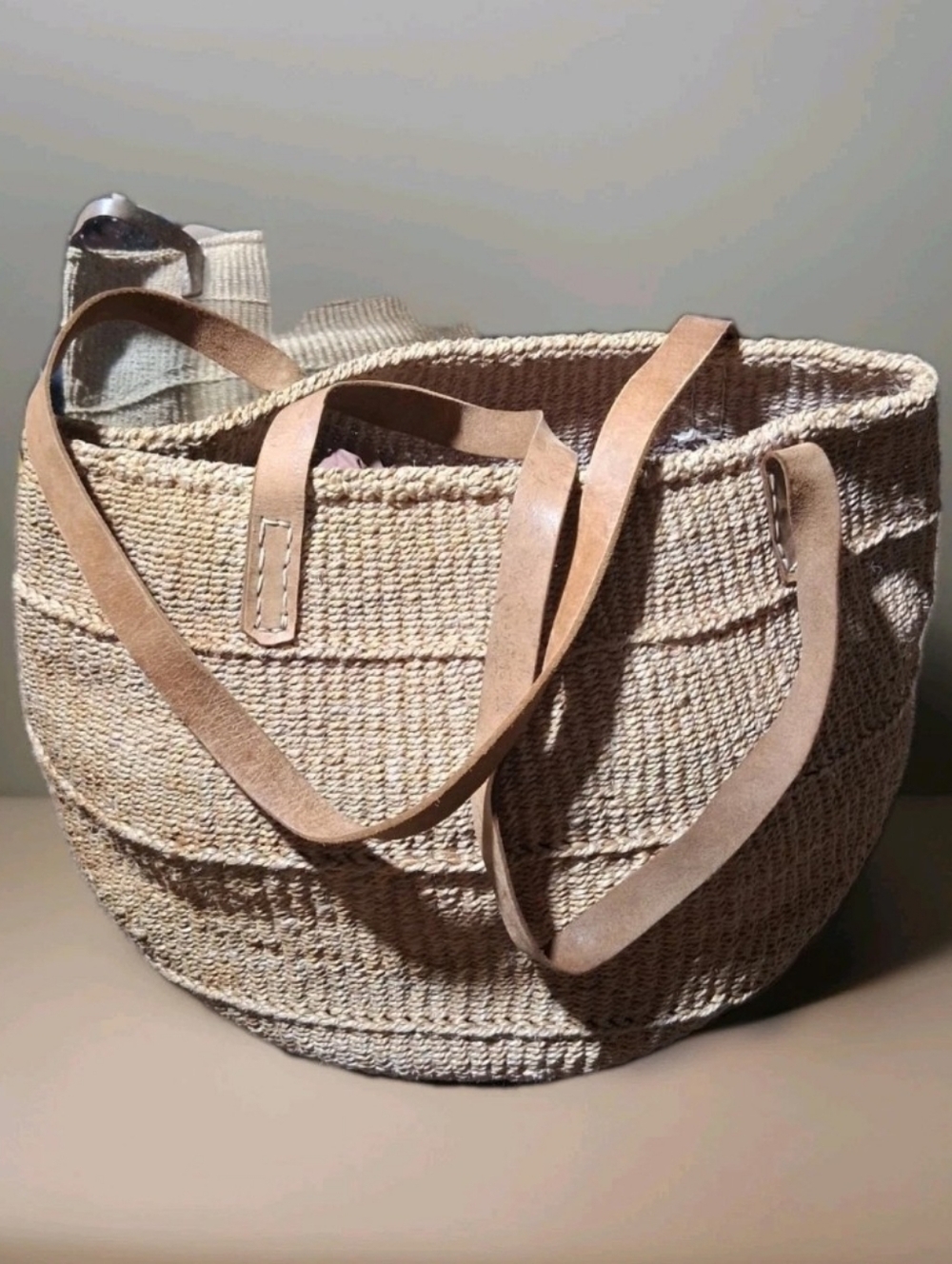 Vtg Sisal Market Tote Bag Art Woven LEATHER